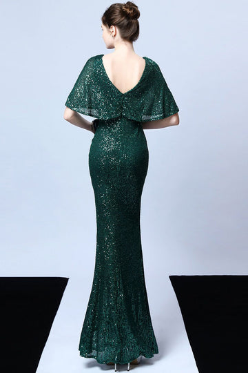 Mermaid V Neck Dark Green Sequins Robe longue bal avec manches courtes